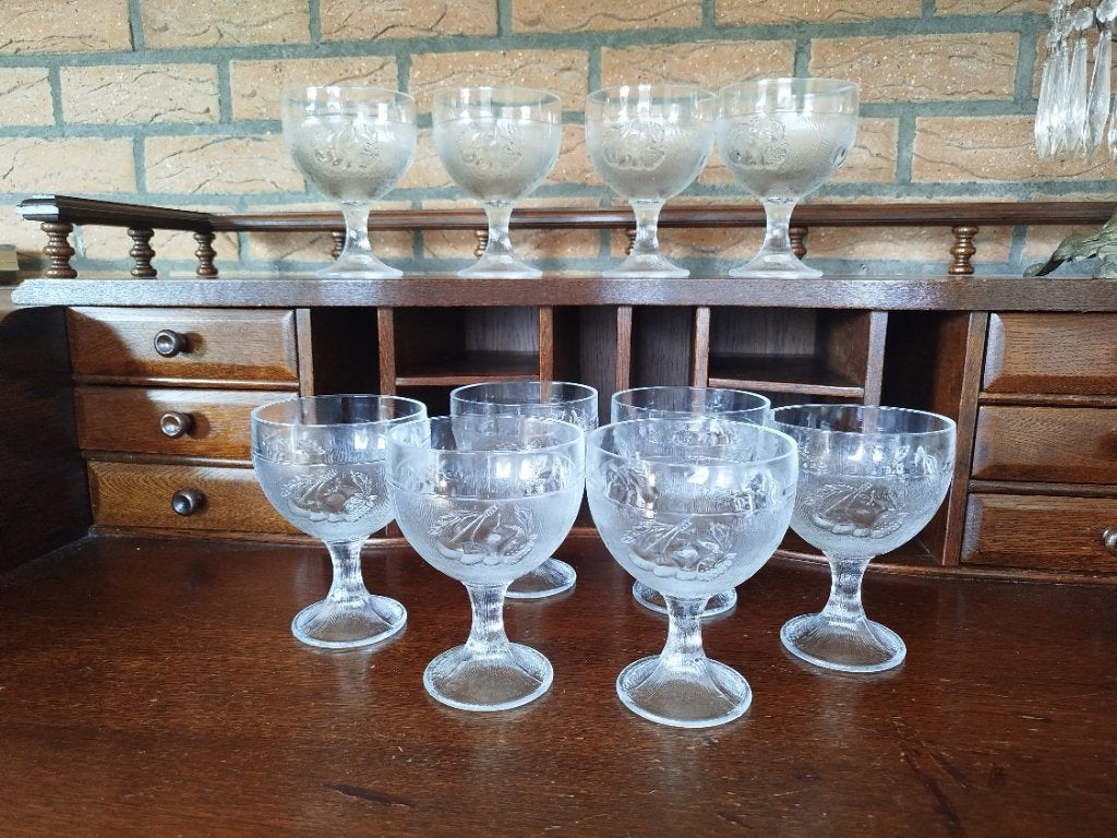 10 vintage dessertschalen / ijscoupes met fruitreliëf, Ophalen, Glas of Glazen, Overige stijlen, Glas