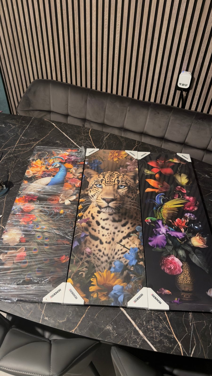 Set van 3 canvas schilderijen: Pauw, Luipaard, Bloemen, Minder dan 50 cm, Nieuw, Ophalen of Verzenden, Schilderij
