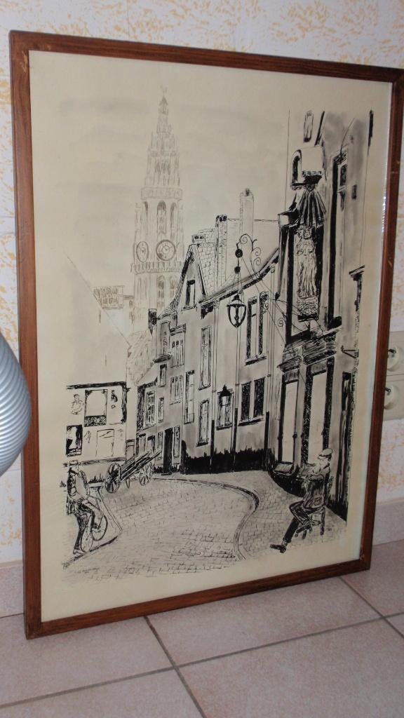 Originele vintage tekening met aquarell ingekleurd F. Fabri, Ophalen