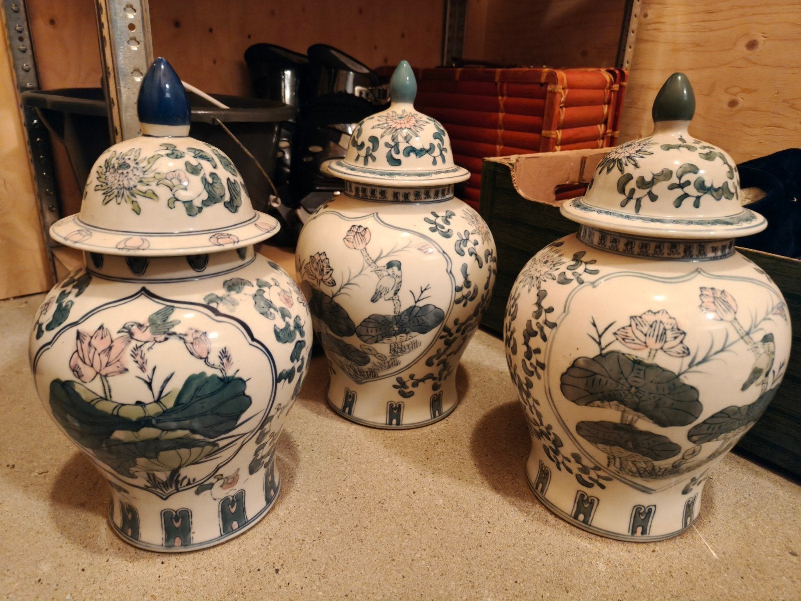 Set van 3 Chinese gemberpotten met lotus- en vogelmotief, Ophalen