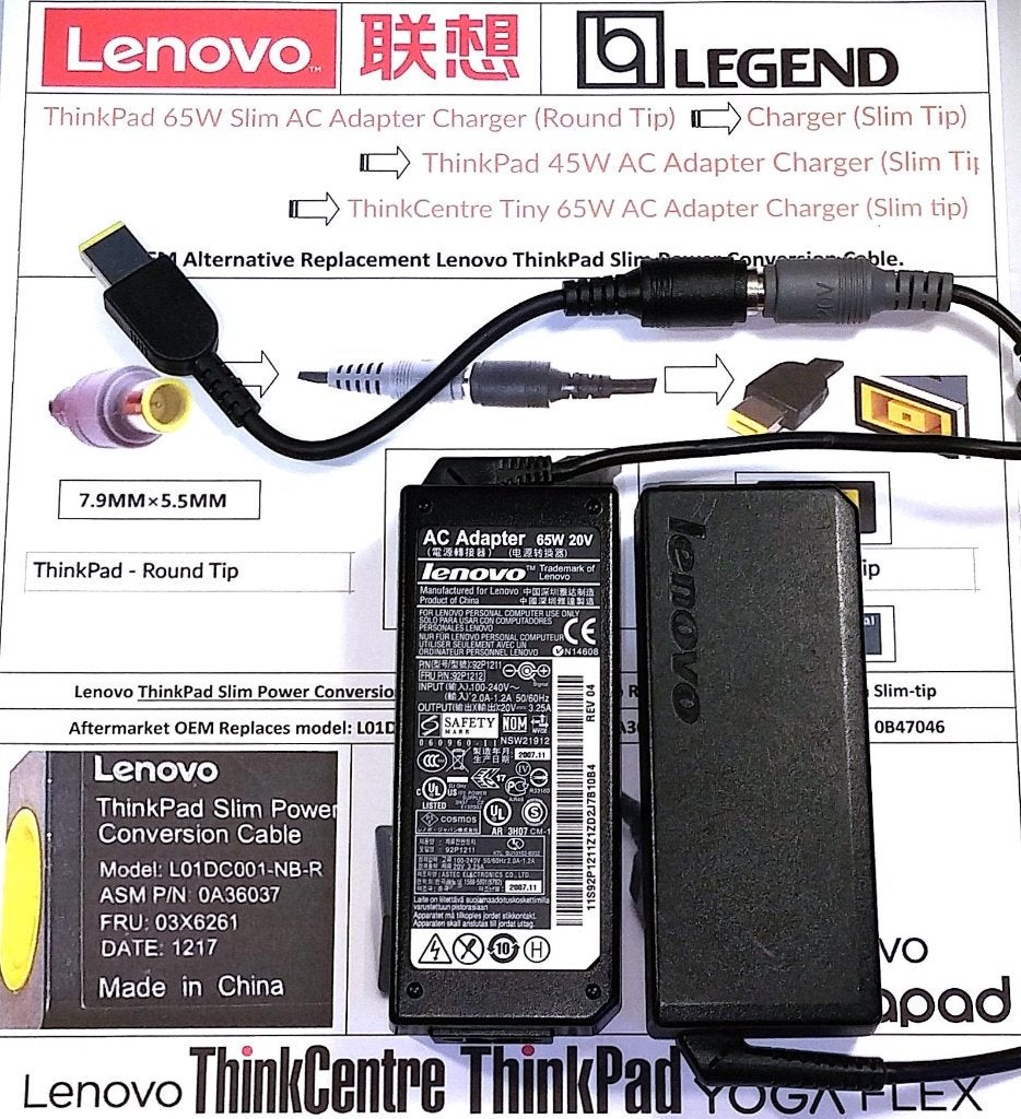 Lenovo 20V 3.25A 65W + Square-Pin Adapter Oplader 2.25A 45W, Ophalen of Verzenden, Zo goed als nieuw, Lenovo origineel