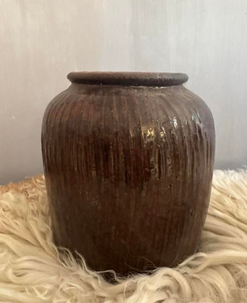 Vintage aardewerk pot bruin geglazuurd, Antiek en Kunst, Curiosa en Brocante, Ophalen