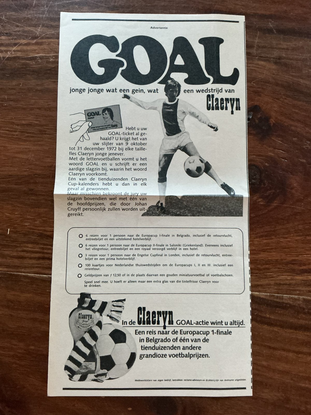 Voetbal reklame Claeryn 1972 Johan Cruijff Ajax, Verzamelen, Ophalen of Verzenden, 1960 tot 1980, Knipsel(s)