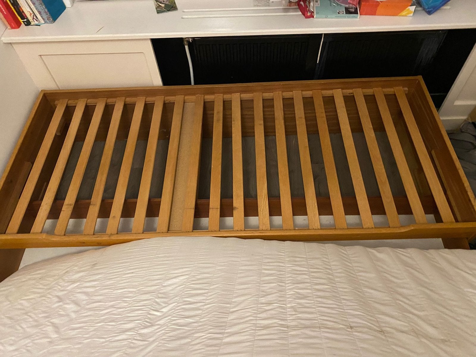 Eenpersoonsbed 80x190 met lades, met of zonder matras, Ophalen, Gebruikt, Eenpersoons, Bruin