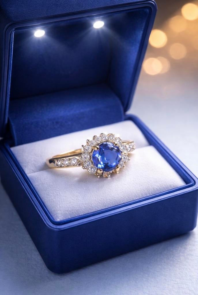 Ring goud met diamanten en tanzaniet, Ophalen of Verzenden, Zo goed als nieuw, 17 tot 18, Dame