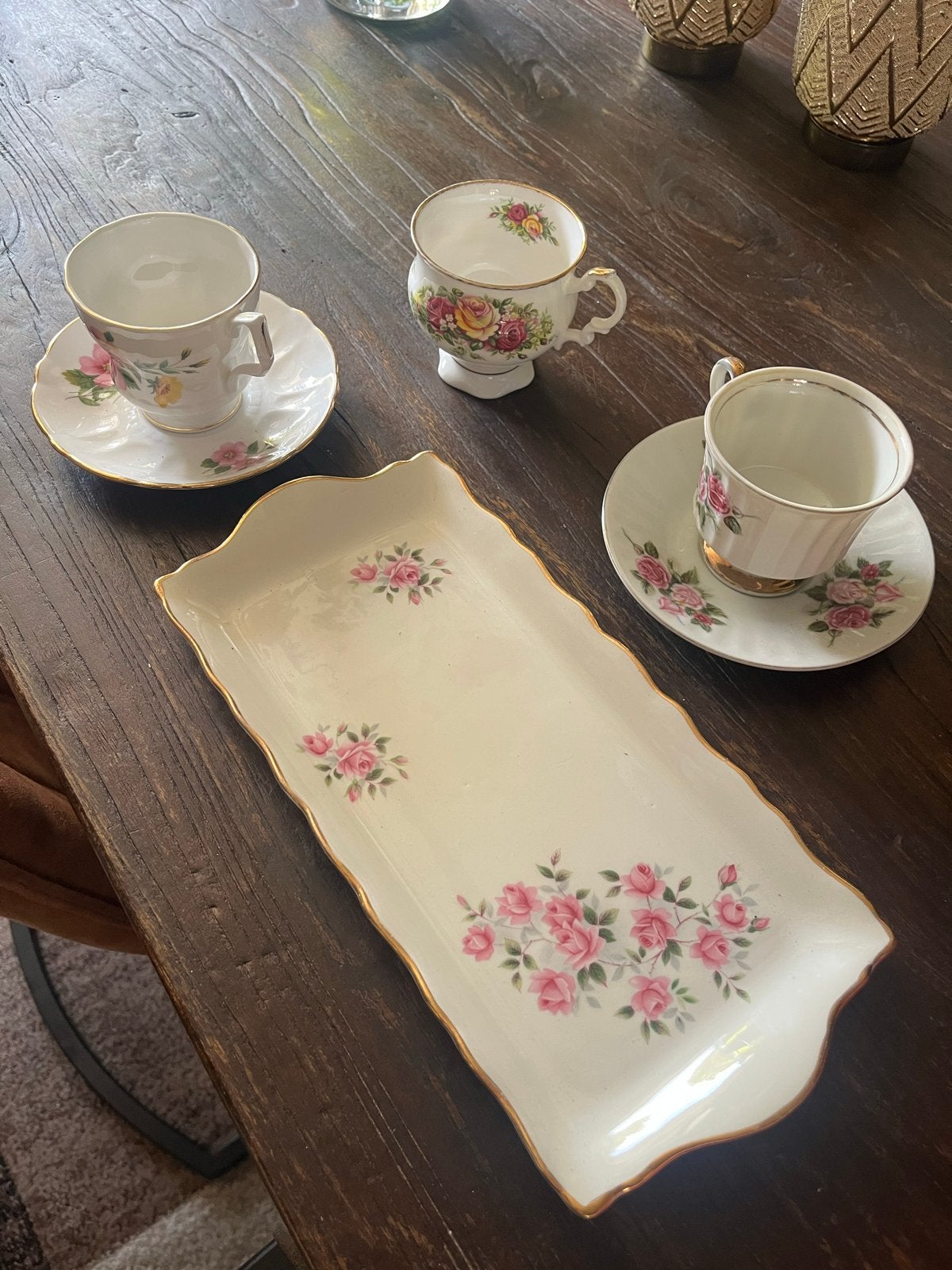 Vintage porseleinen theeservies met rozenmotief, Ophalen of Verzenden