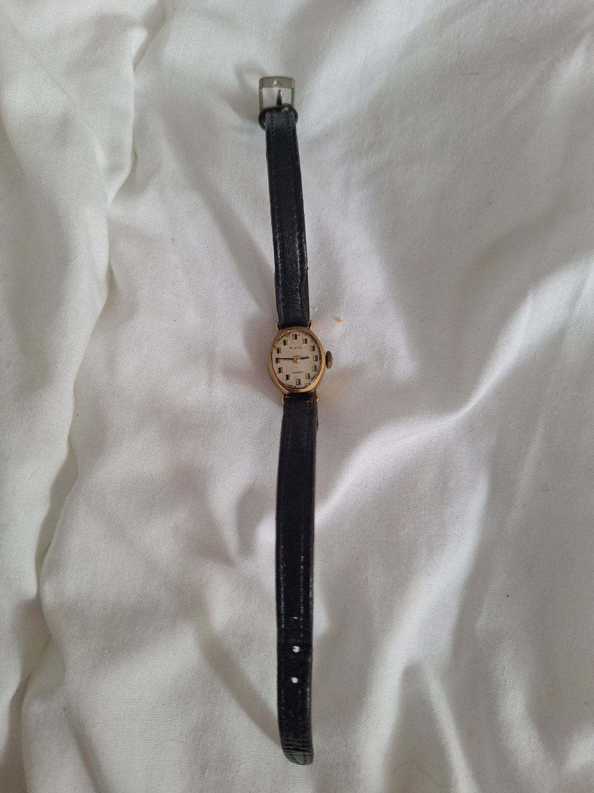 Vintage Plato dames polshorloge met leren bandje, Overige merken, Overige materialen, Met bandje, Polshorloge