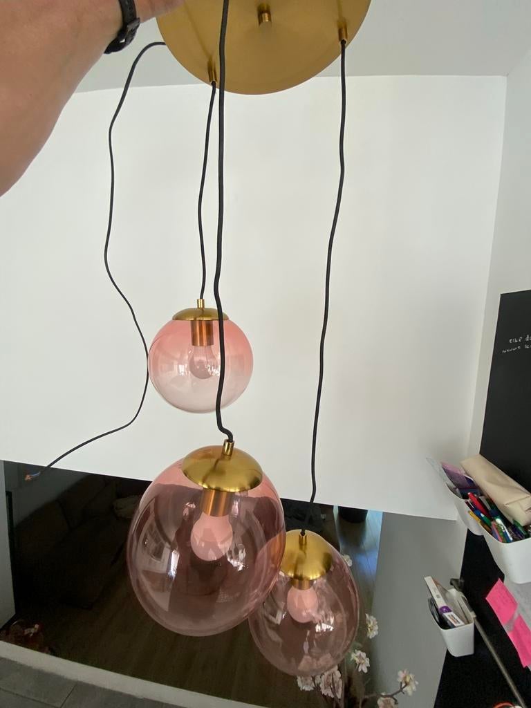 Art Deco Hanglamp Messing 3-lichts Roze, Ophalen, Zo goed als nieuw, Glas, 75 cm of meer