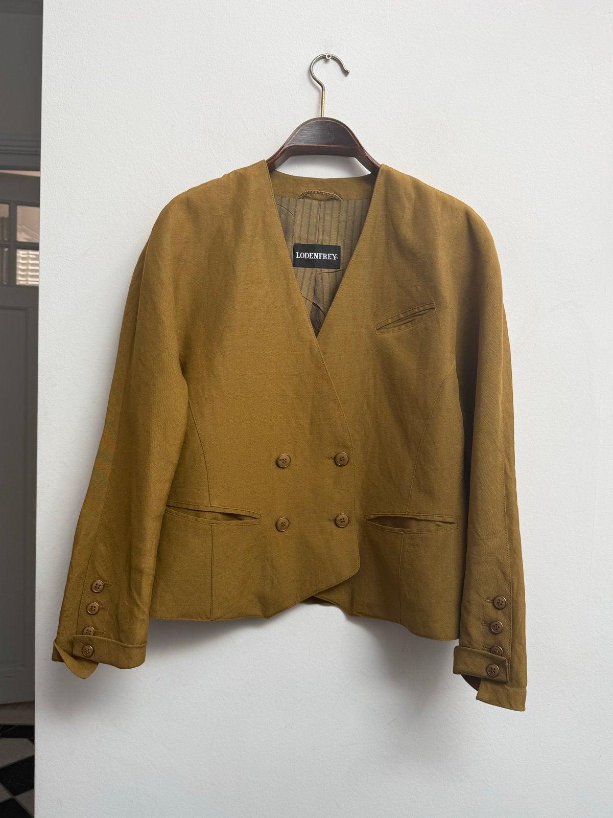 Lodenfrey Vintage Linnen Blazer Mosterd Kraagloos, Maat 38/40 (M), Geel, Ophalen of Verzenden, Zo goed als nieuw
