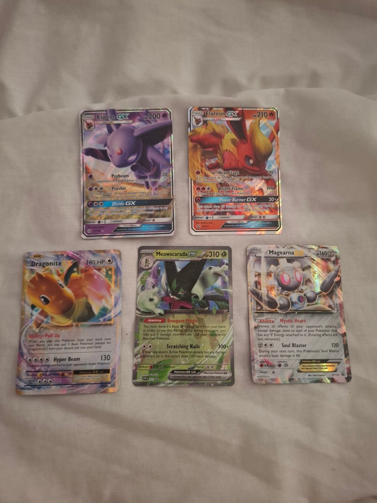 5 GX/EX cards Flareon, Dragonite,Meowscarada,Magearna,Espeon, Ophalen of Verzenden, Zo goed als nieuw, Meerdere kaarten