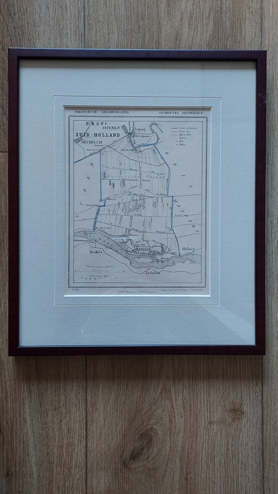 Oude kaart Herwijnen, Gelderland, Zuid-Holland 1867, Boeken, Atlassen en Landkaarten, Landkaart, 1800 tot 2000, Nederland, Ophalen