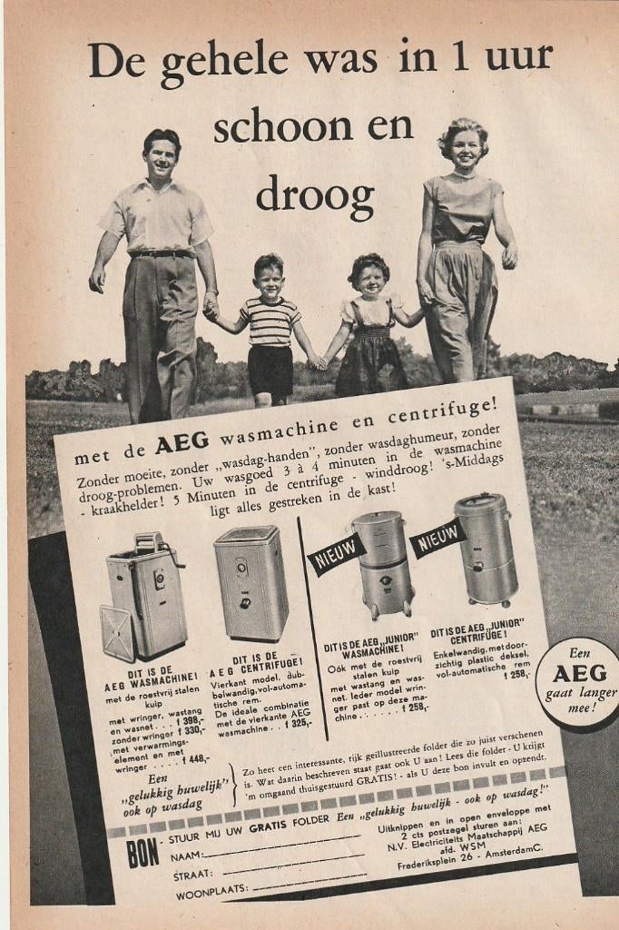 Retro reclame 1955 AEG wasmachine jongetje meisje ouders, Verzamelen, Retro, Verzenden, Overige typen