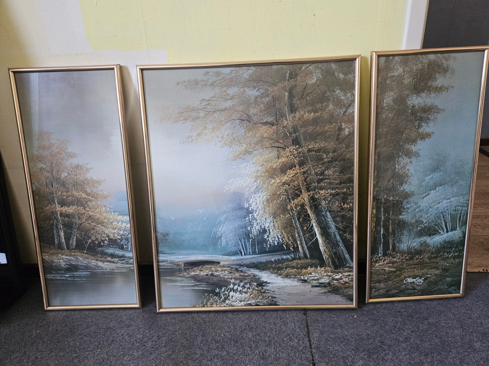 Drieluik Schilderij: Boslandschap met Water, Antiek en Kunst, Ophalen, Realistisch, Landschap, Print