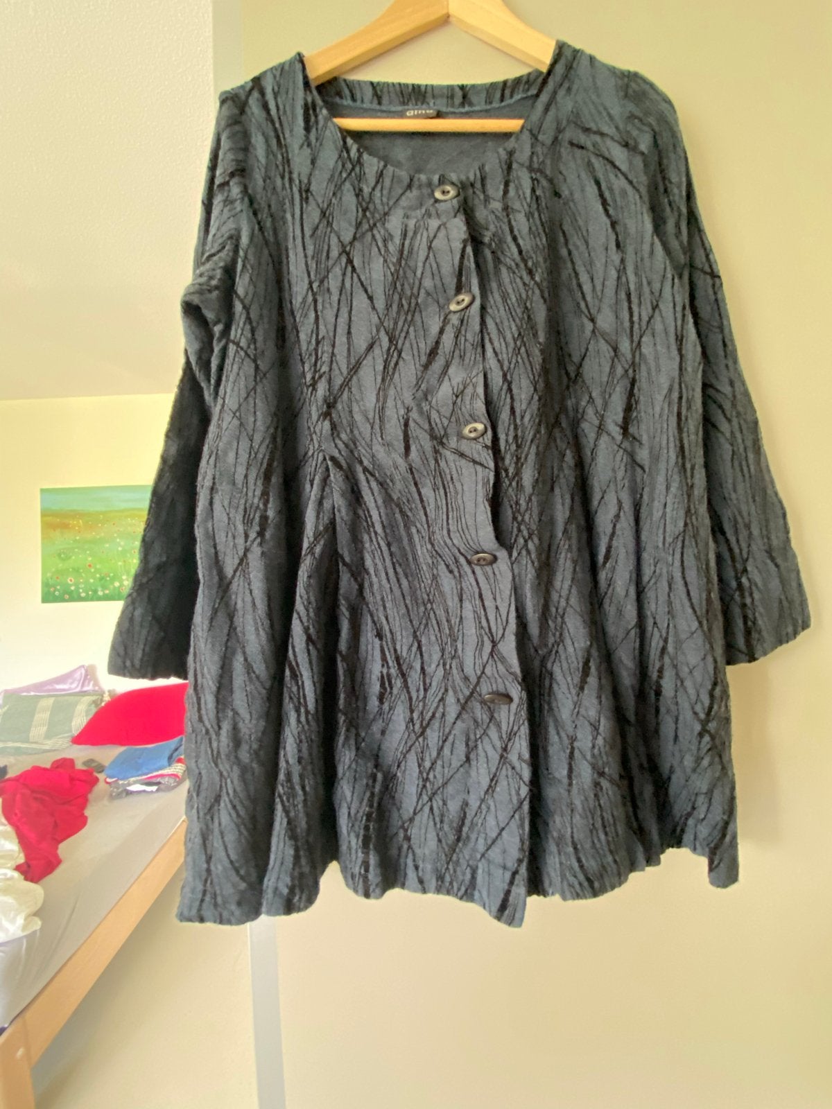Aïno tuniek blauw met zwarte print, 60% linnen, 40% wol, XL, Kleding | Dames, Blauw, Maat 46/48 (XL) of groter, Ophalen of Verzenden