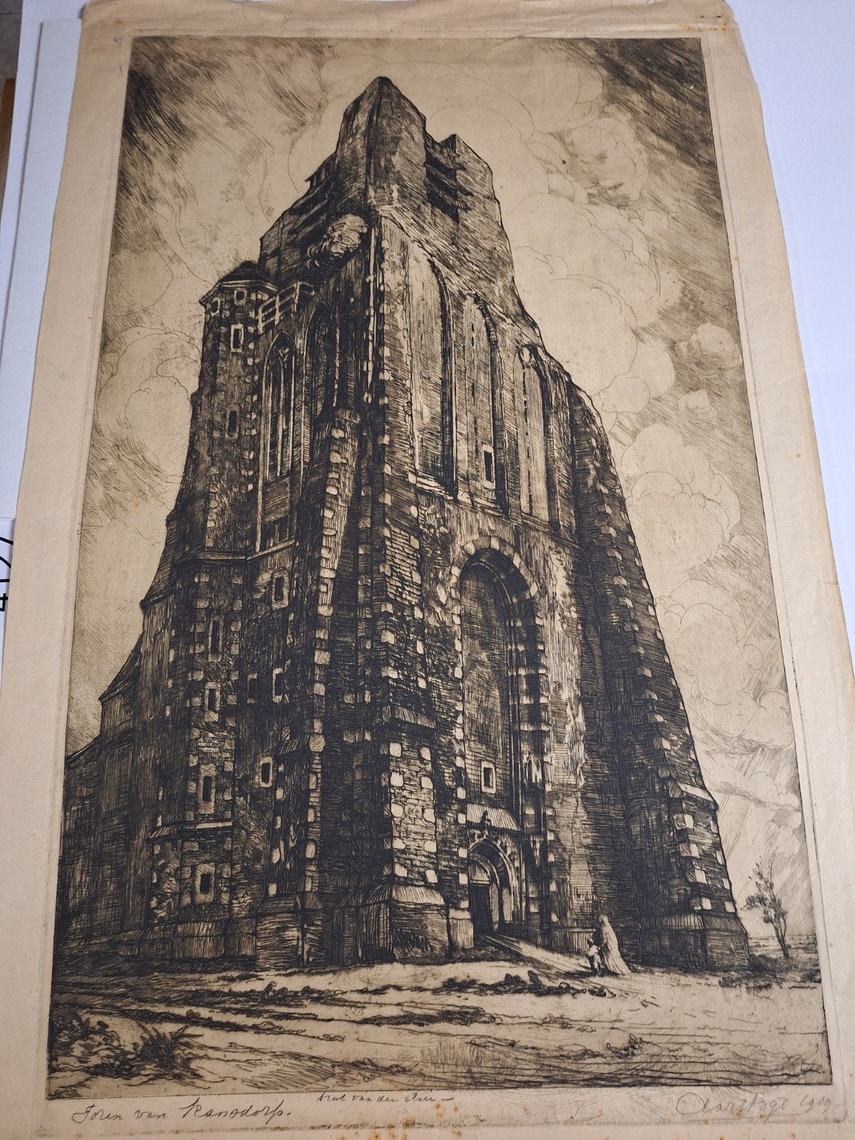 Grote ets van de toren van Ransdorp, Antiek en Kunst, Kunst | Etsen en Gravures, Ets, Architectuur, Ophalen of Verzenden, Gesigneerd