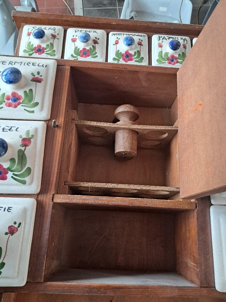 Vintage houten kruidenkastje keramiek lades  CS27345, Ophalen