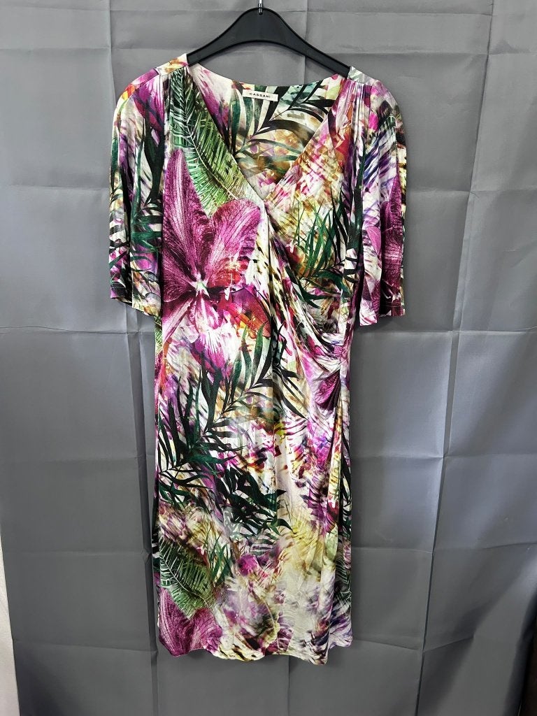 Cassani maxi jurk tropische bloemen overslag dames M 38, Kleding | Dames, Maat 38/40 (M), Meerkleurig, Ophalen of Verzenden, Zo goed als nieuw