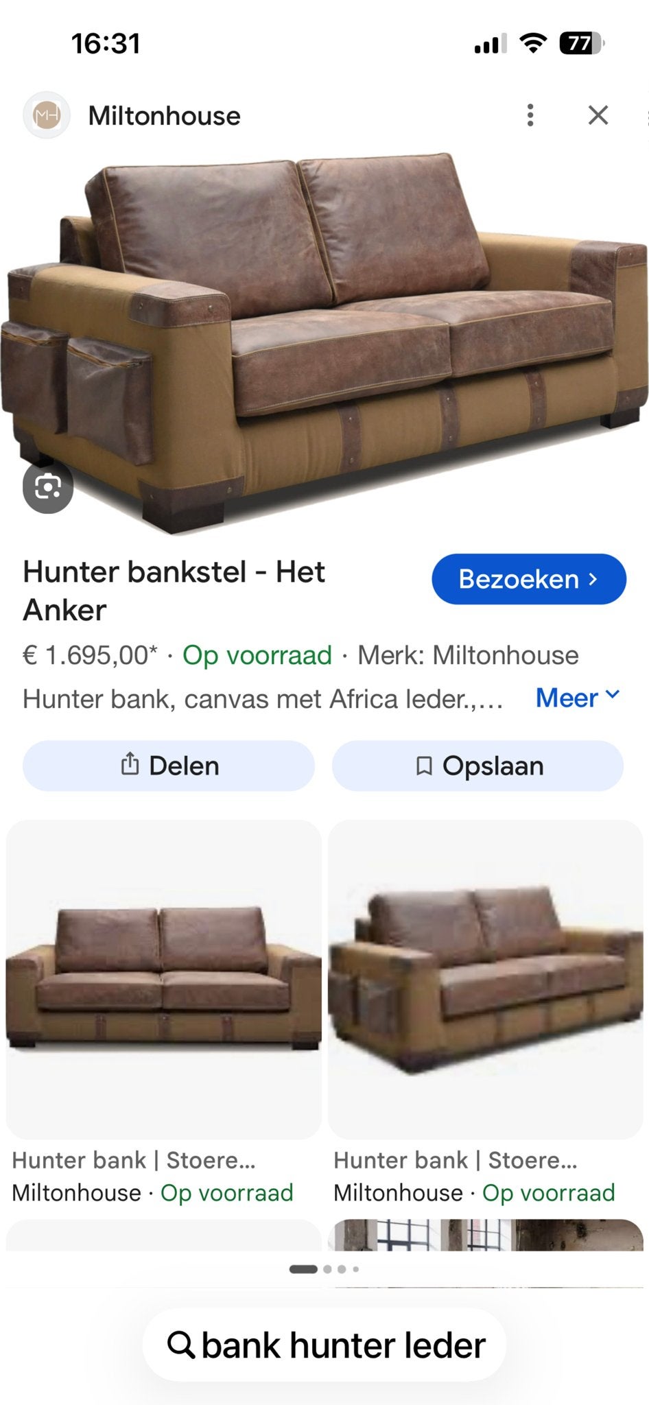 Miltonhouse Hunter Bankstel - Bruin Leer en Canvas, Ophalen, Gebruikt, 100 tot 125 cm, Driepersoons