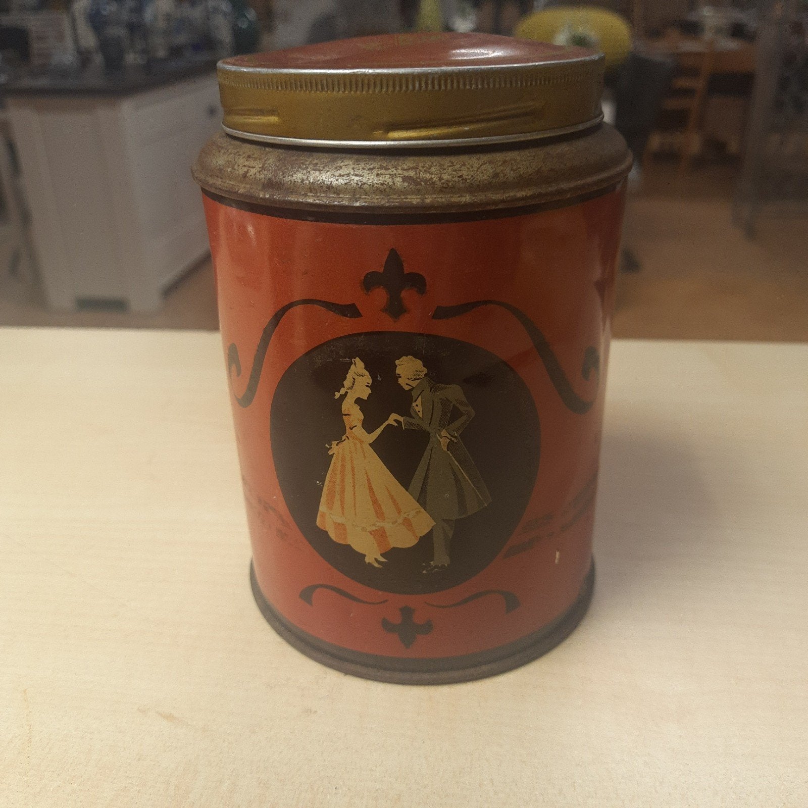 Vintage Rood ODC Kaffe blik met romantische afbeelding, Ophalen of Verzenden, Gebruikt, Koffie