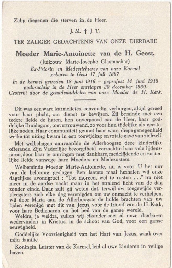 zr. Marie-J. Glasmacher 1887 Gent + 1960 Gent, 73 jaar oud, Verzenden