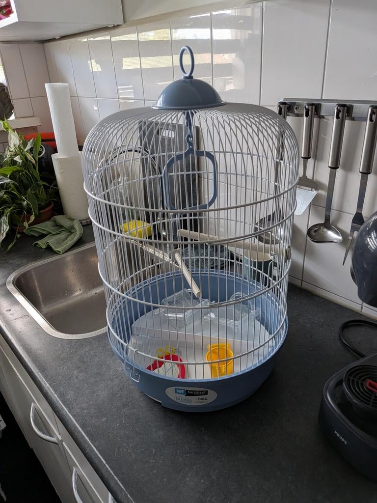Parkiet of kanarie kooi. Wit met blauw. En toebehoren., Dieren en Toebehoren, Ophalen, Zo goed als nieuw, Metaal, Vogelkooi
