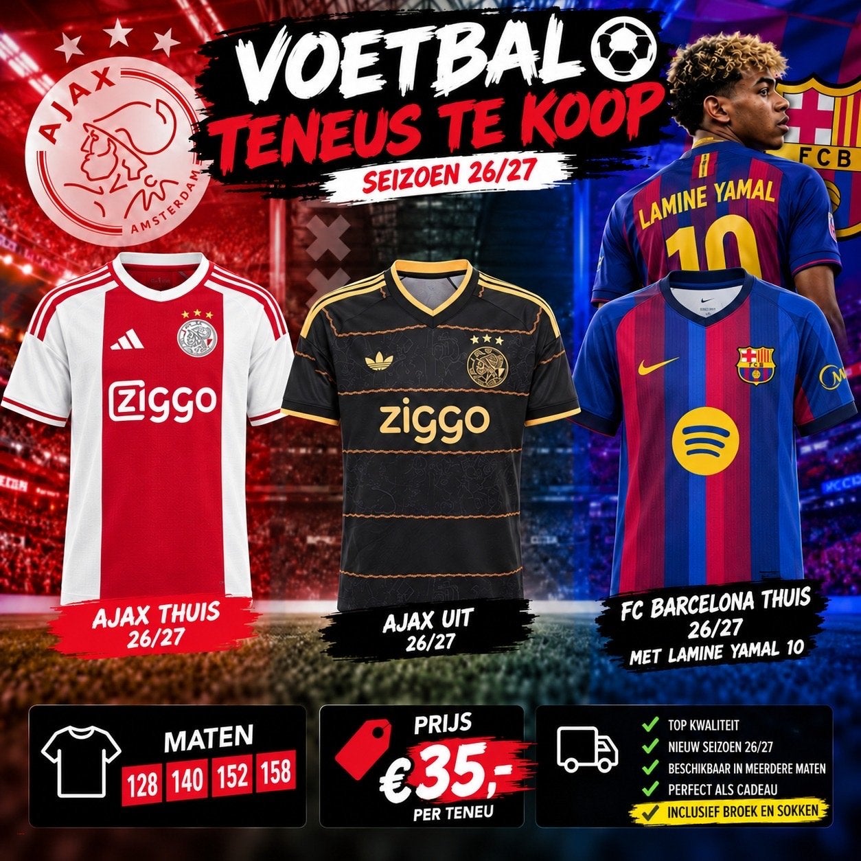 Kids tenue Seizoen 26/27 - Ajax Thuis/Uit & FC Barcelona, Maat XS of kleiner, Ophalen of Verzenden, Nieuw, Set