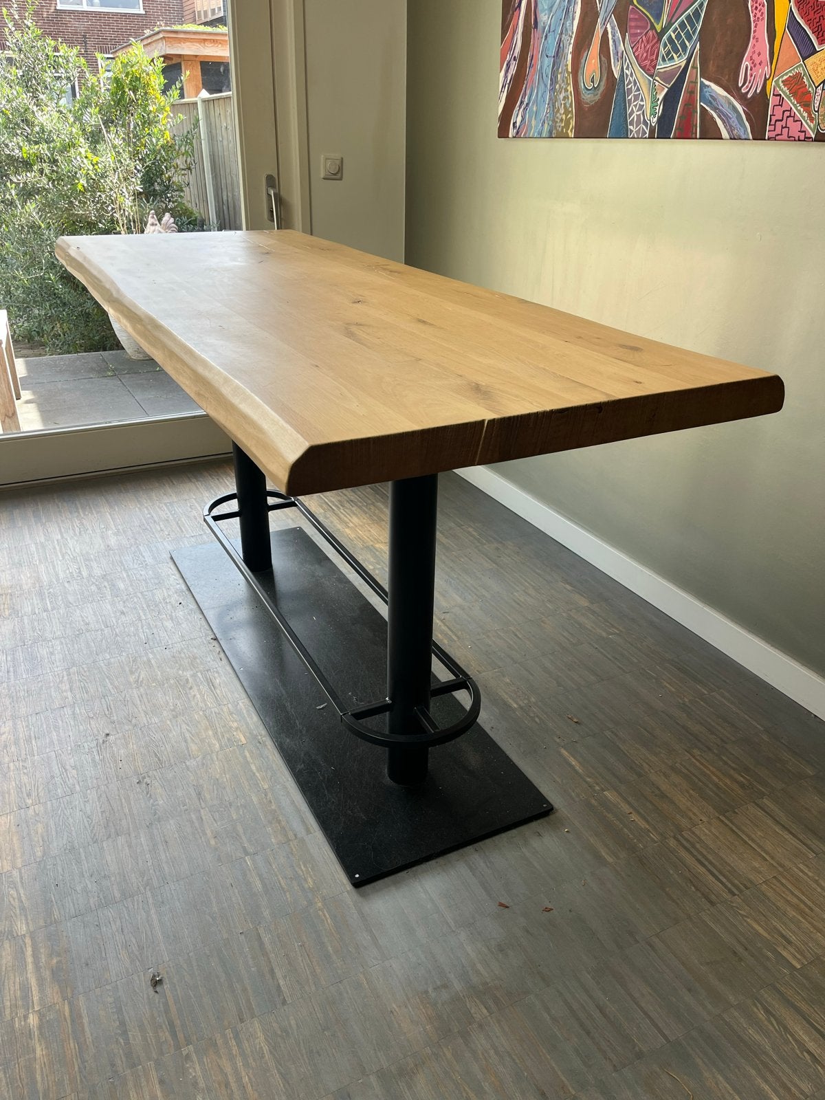 Houten (bar)tafel met metalen onderstel - 200x75x94 cm, Ophalen, Zo goed als nieuw