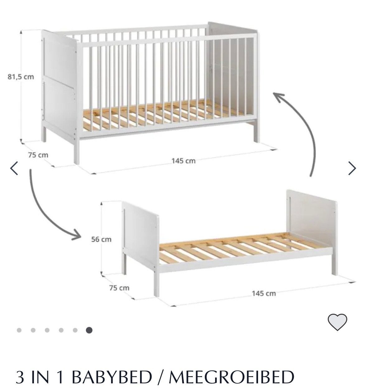 3-in-1 meegroeibed: babybed / peuterbed (compleet!), Ophalen, 70 tot 85 cm, 140 tot 160 cm, Zo goed als nieuw