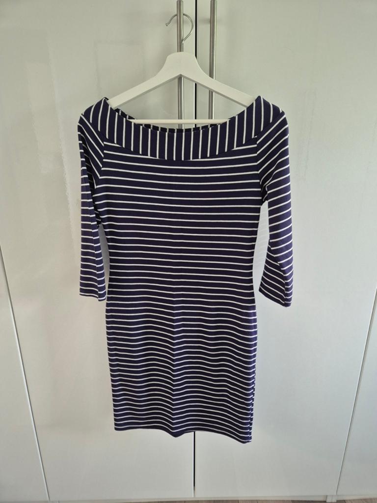 Donkerblauwe gestreepte jurk met boothals, Blauw, Ophalen of Verzenden, Onbekend, Maat 36 (S)