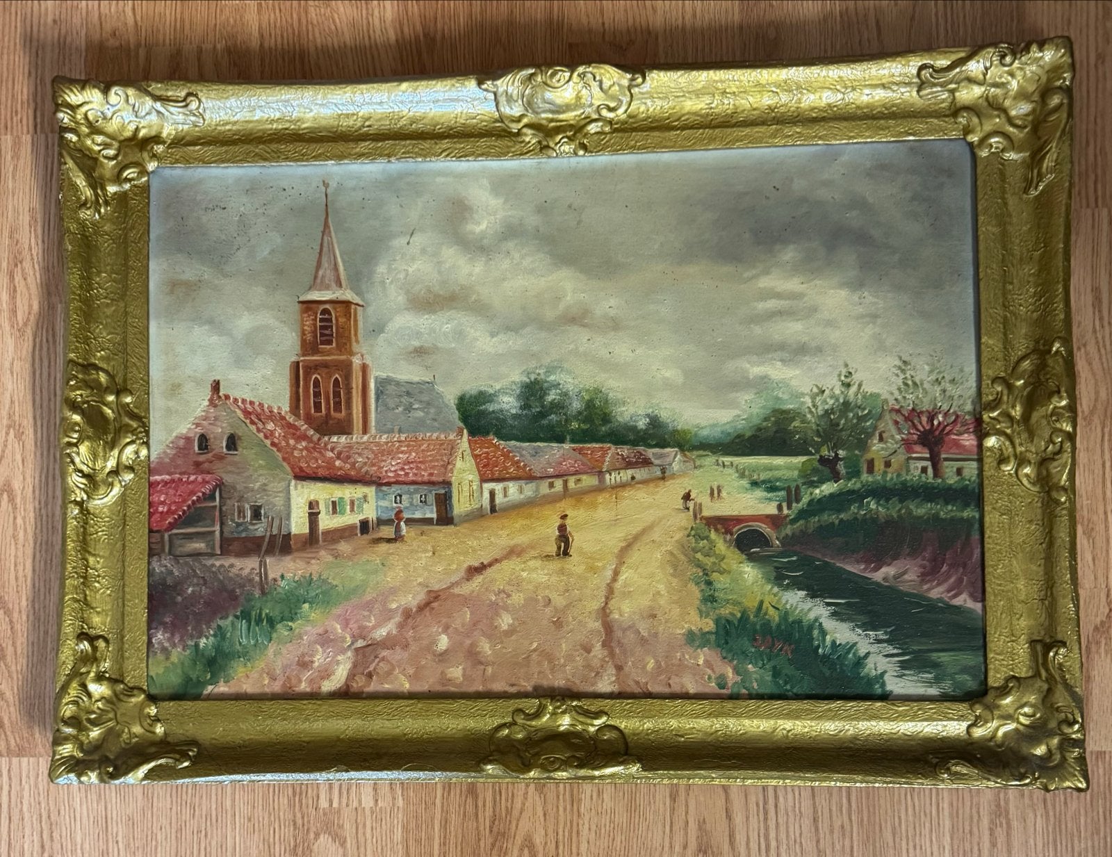 Olieverfschilderij Stadsgezicht met Kerk 70x50 cm, Ophalen, Doek, Olieverf, Klassiek