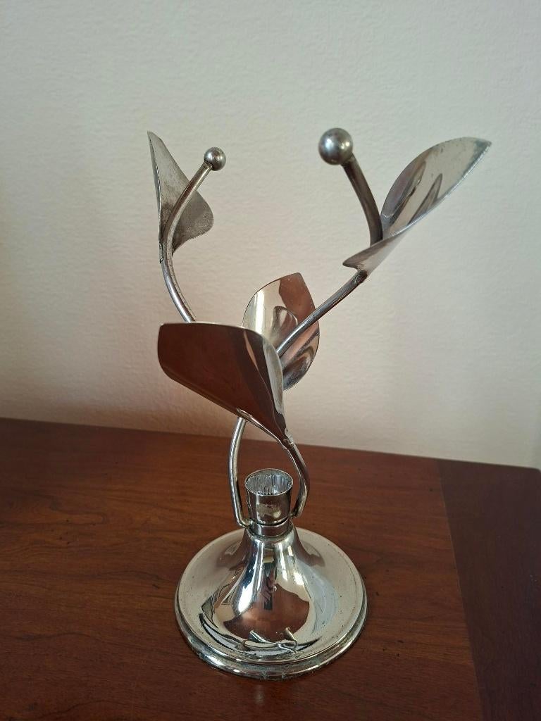 vintage verzilverde kandelaar floraal design mid century, Ophalen of Verzenden, Zo goed als nieuw, Kandelaar, Minder dan 25 cm