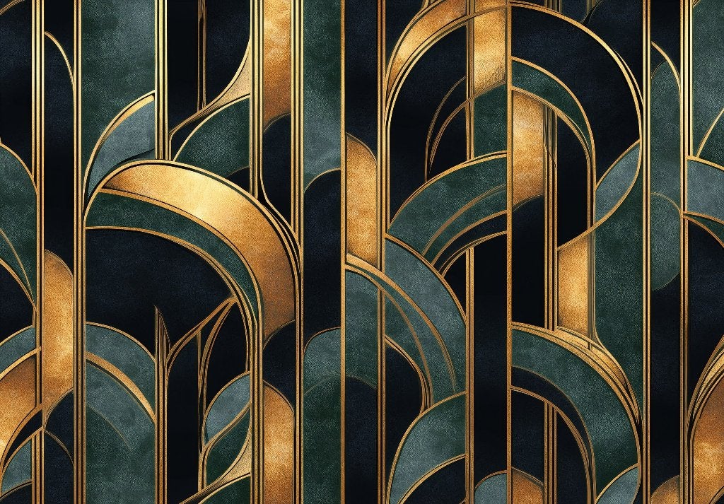 Art Deco behang - Donkergroen met Gouden Patronen, Op maat!, Verzenden, Fotobehang