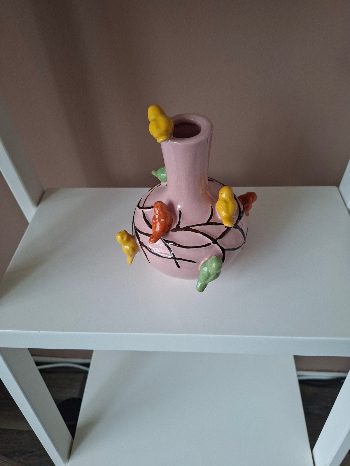 Roze vaas met vogeltjes decoratie, Ophalen