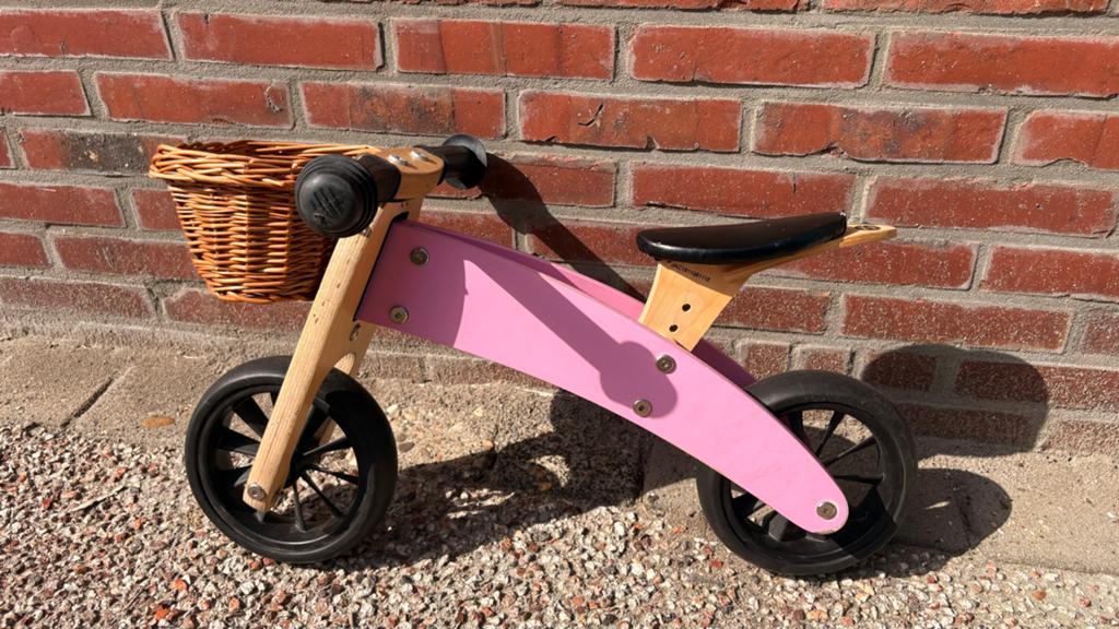 Roze houten loopfiets met mandje, 4 in 1 Bandits and Angels, Ophalen of Verzenden, Zo goed als nieuw, Loopfiets