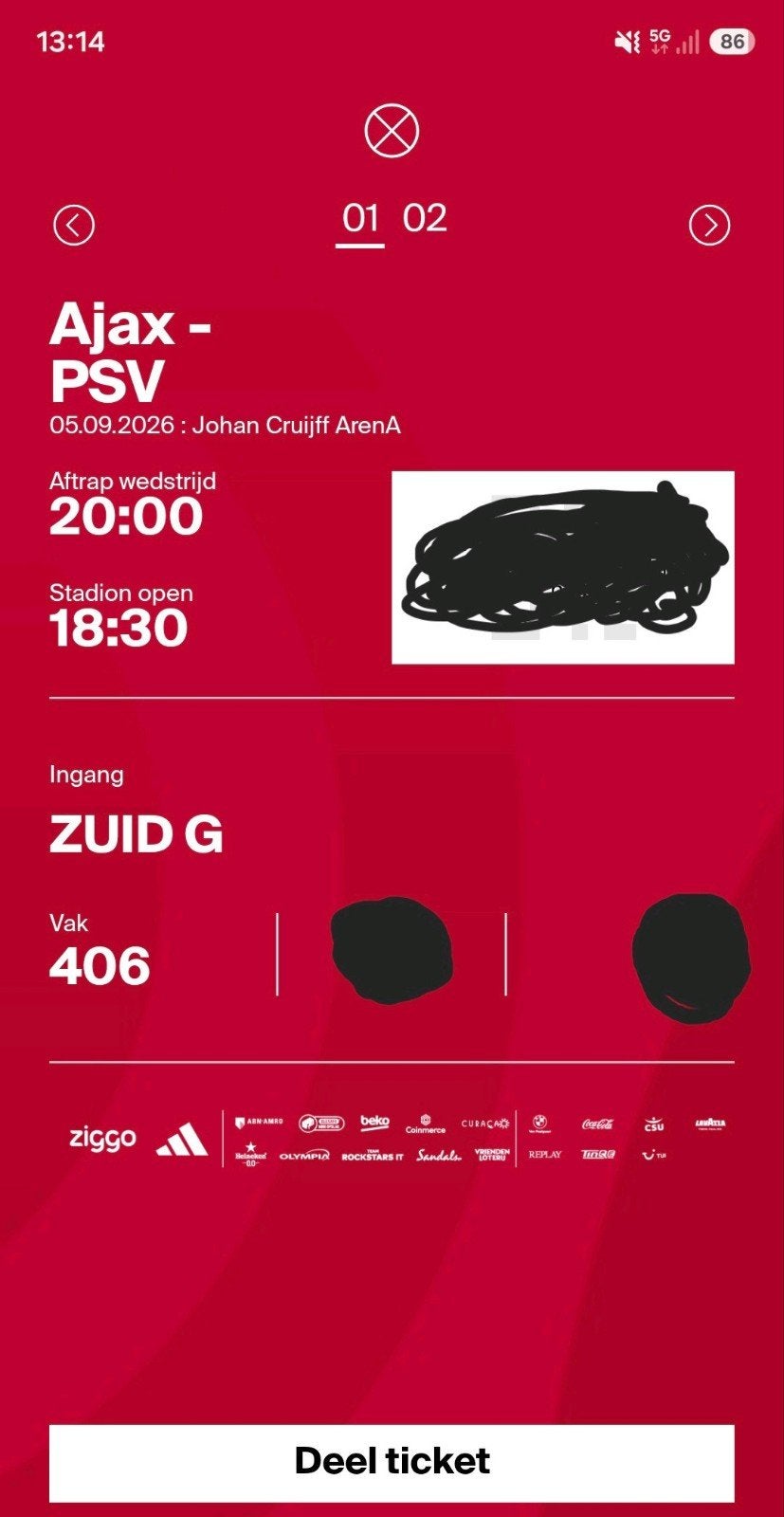 Ajax-Psv 2 kaarten naast elkaar vak 406, Tickets en Kaartjes, Sport | Voetbal, Losse kaart, Twee personen, September
