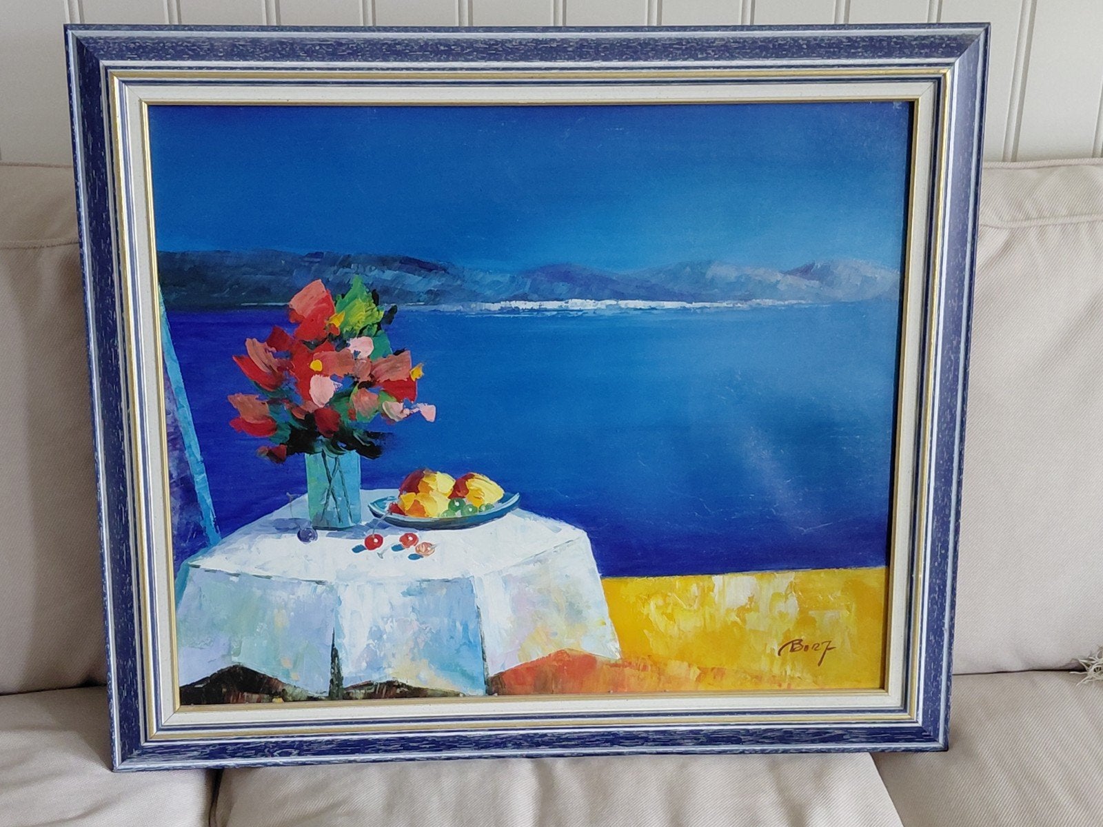 Schilderij zeezicht Le Lavandou met lijst., Antiek en Kunst, Ophalen, Ingelijst, Landschap
