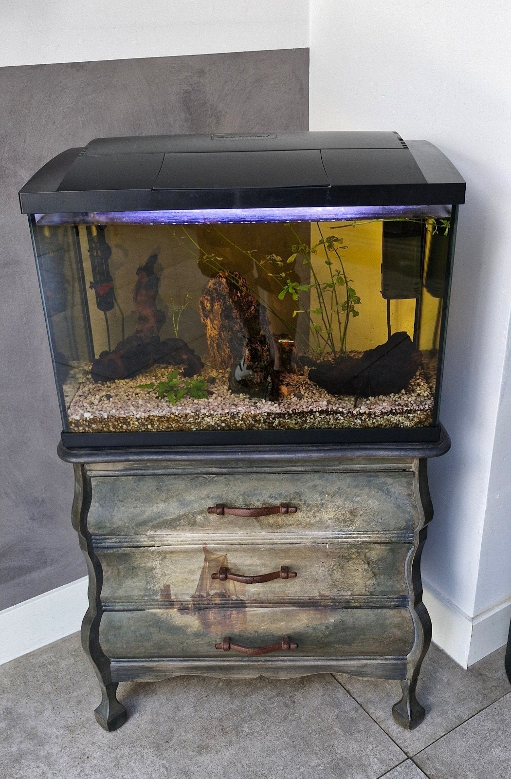 Aquarium met vissen, Vintage buikkastje, Ophalen of Verzenden, Zo goed als nieuw