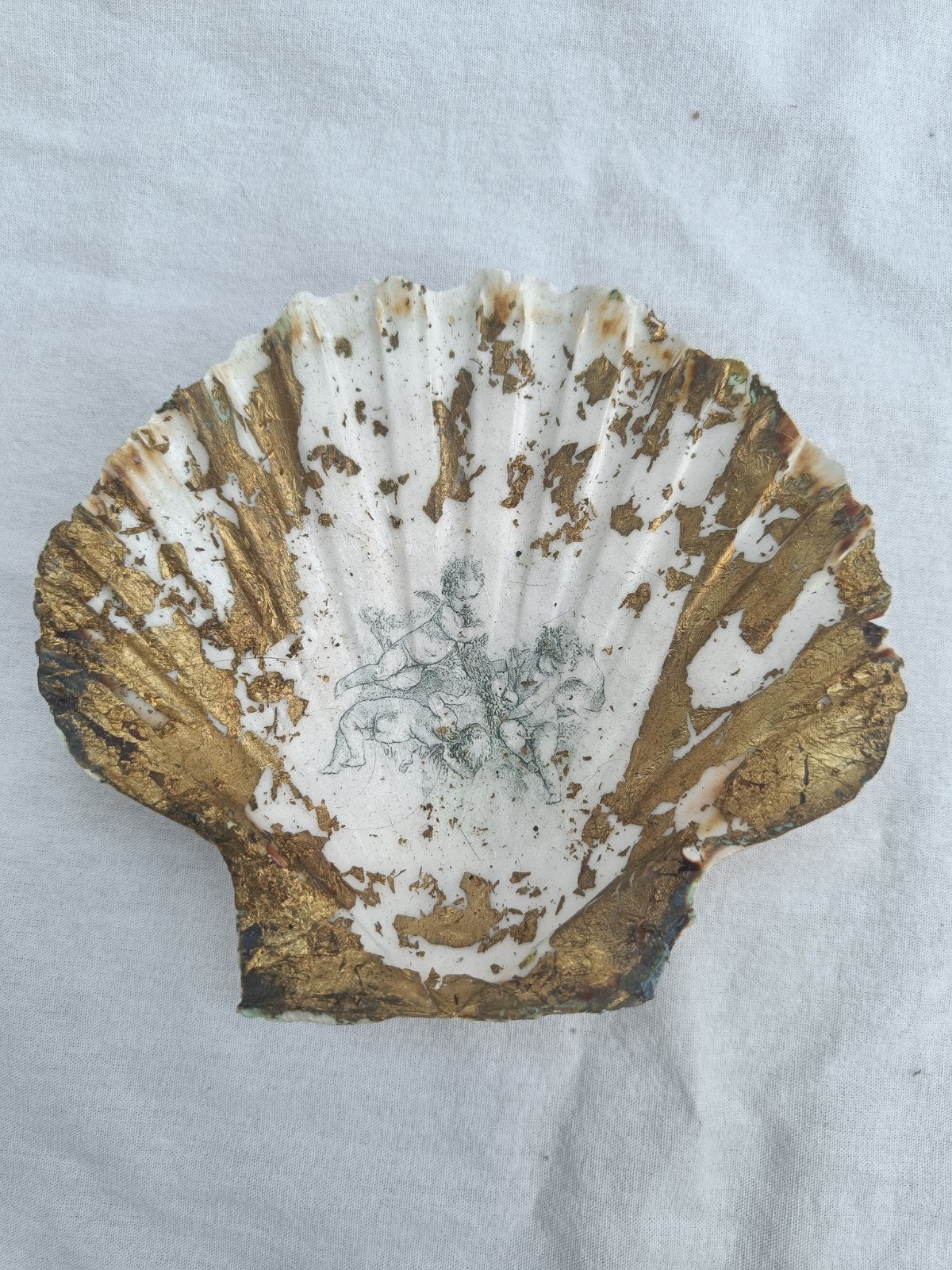 Decoratieve Schelp met Gouden Blad en Engeltjes, Ophalen of Verzenden