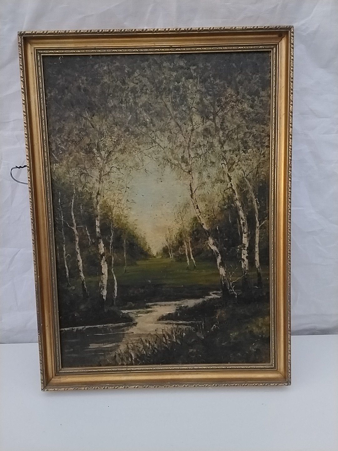 Schilderij boslandschap met beek op paneel 51x70 cm, Paneel, Ingelijst, Realistisch, Ophalen of Verzenden