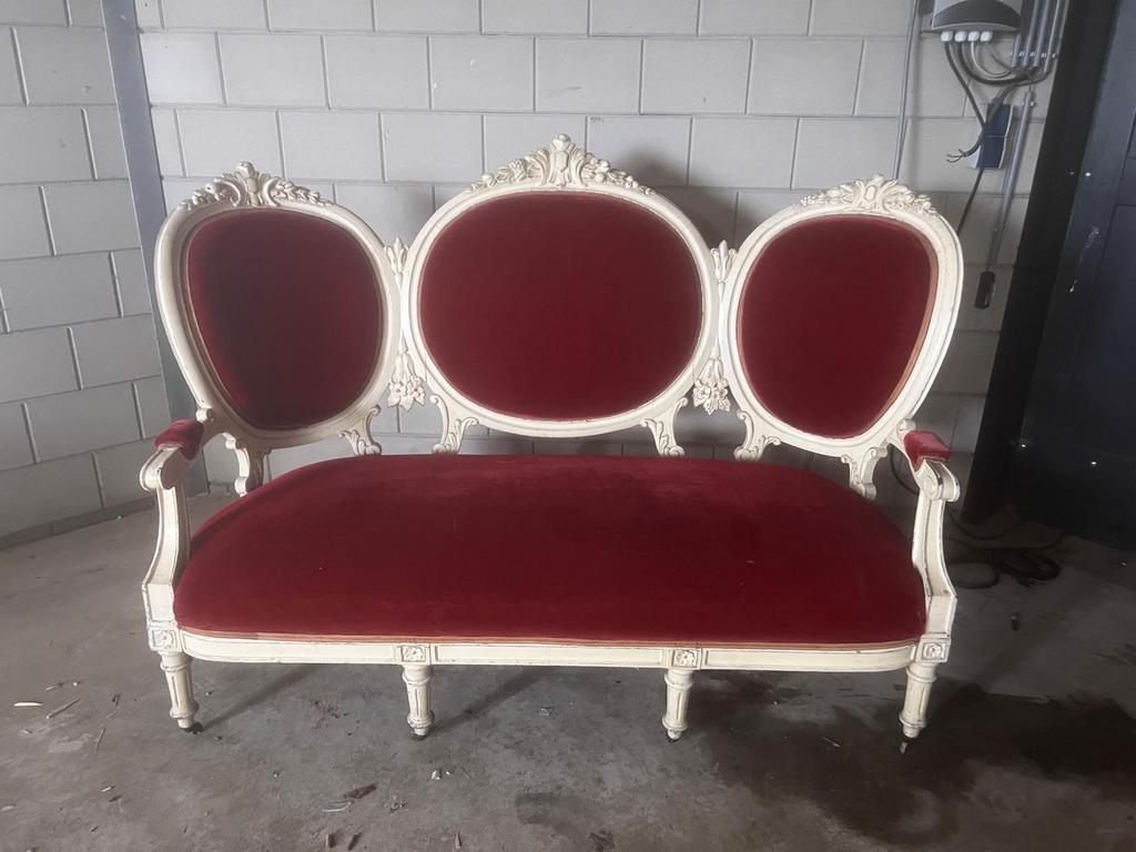 Antieke Barokbank - Rood fluweel en crèmekleurig hout, Antiek en Kunst, Ophalen