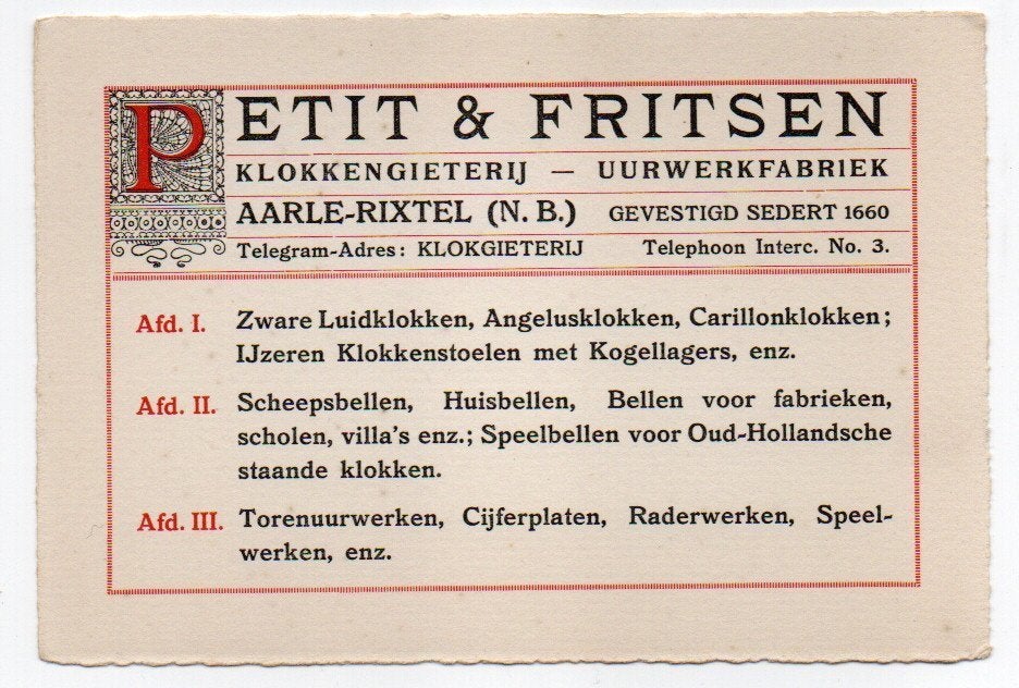 Aarle Rixtel Klokkengieterij uurwerkfabriek Petit & Fritsen, Ophalen of Verzenden, 1920 tot 1940, Noord-Brabant
