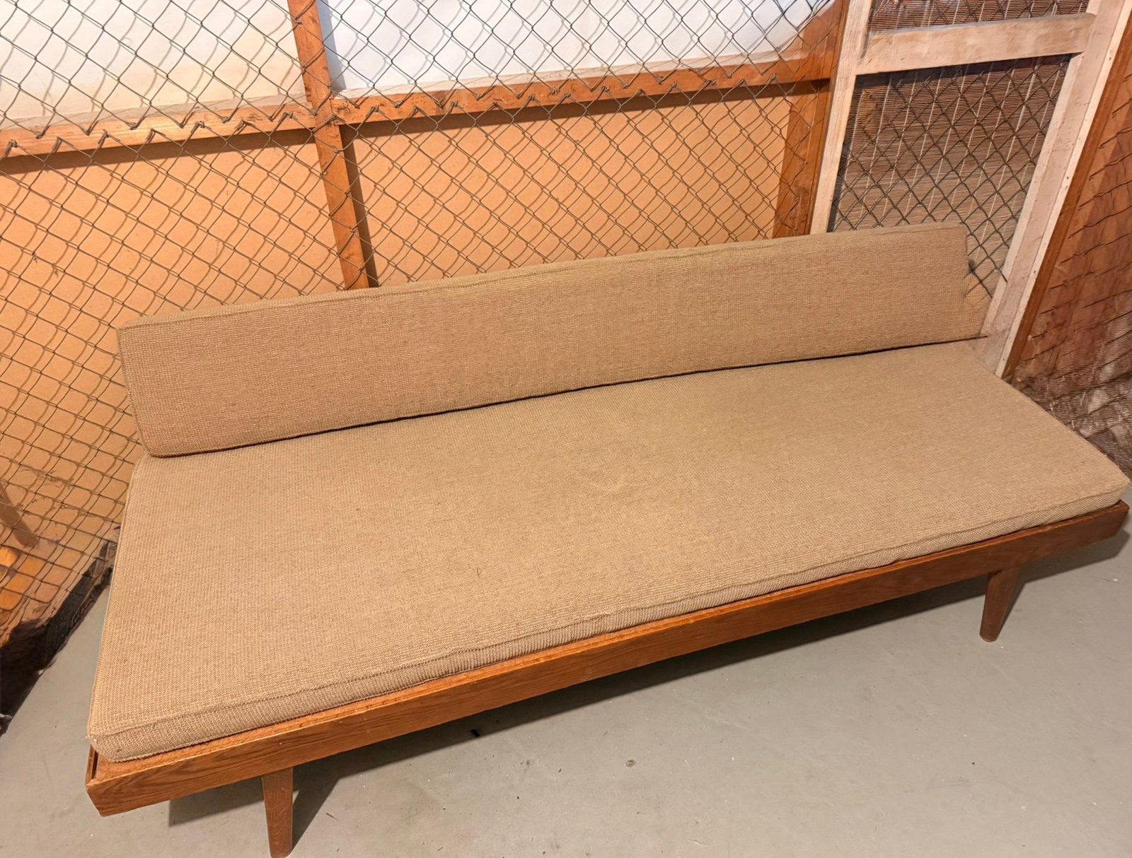 Vintage Deens Daybed - Beige/Roestbruin - Goede Staat, Ophalen, Gebruikt, 150 tot 200 cm, Tweepersoons