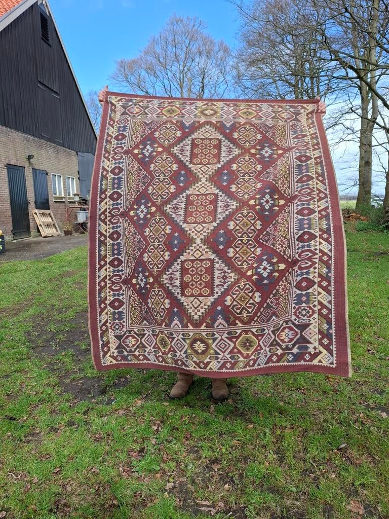 Oud vintage goblin geweven kleed tafelkleed vloerkleed kelim, Ophalen of Verzenden, N, T, V
