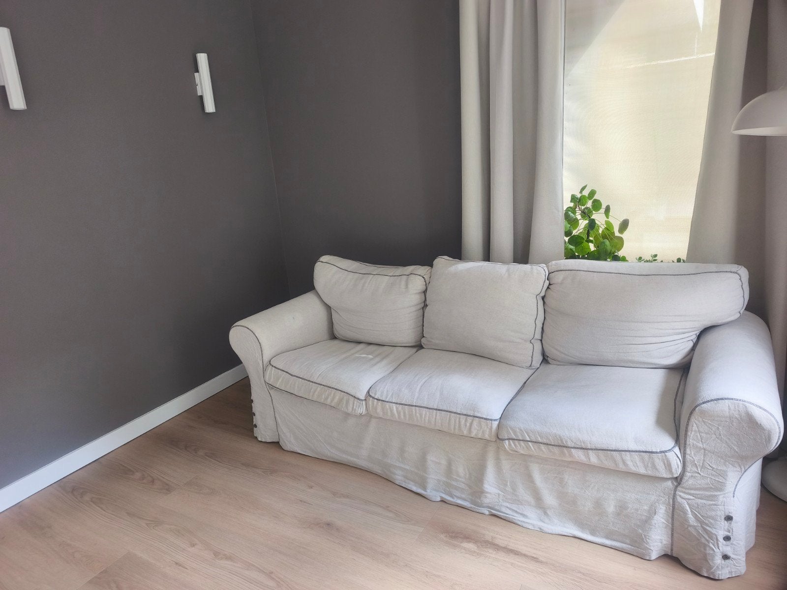Ikea Ektorp 3-zitsbank in beige linnen, Ophalen, Gebruikt, Driepersoons, 75 tot 100 cm