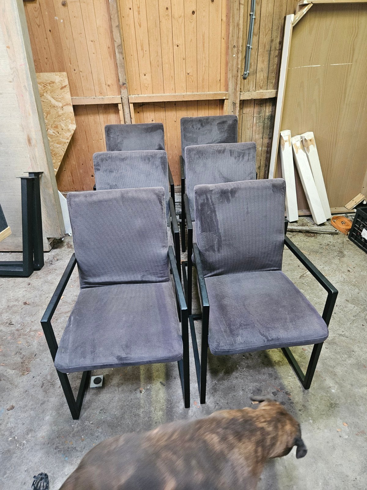 Set van 6 grijze eetkamerstoelen met armleuningen, Gebruikt, Modern, Industrieel, Ophalen of Verzenden, Metaal