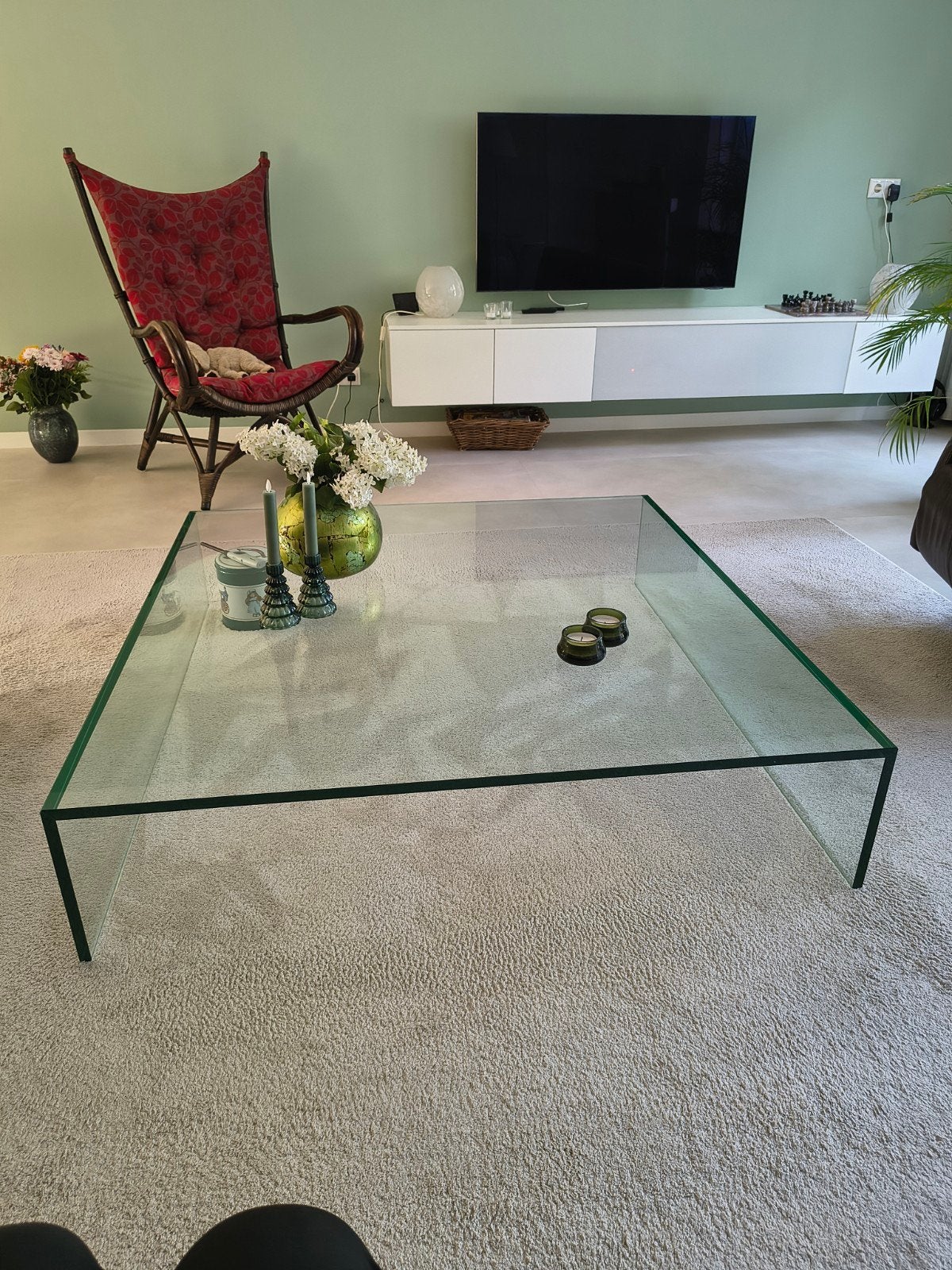 Glazen salontafel S6 van Beek 130x130x30 cm, zgan!, Huis en Inrichting, Ophalen, Vierkant, Modern, 5 – 50