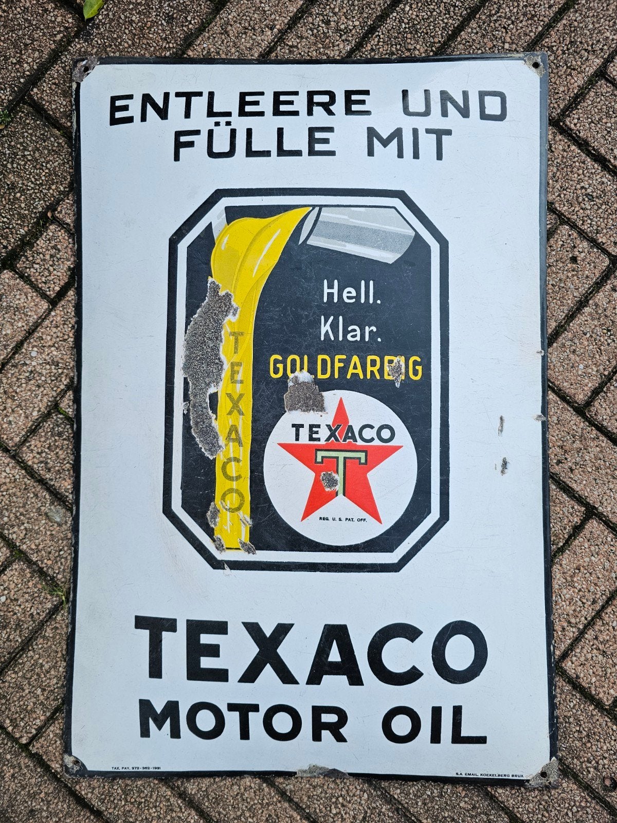 emaille bord TEXACO Motor Oil 1931, Ophalen of Verzenden, Gebruikt, Reclamebord