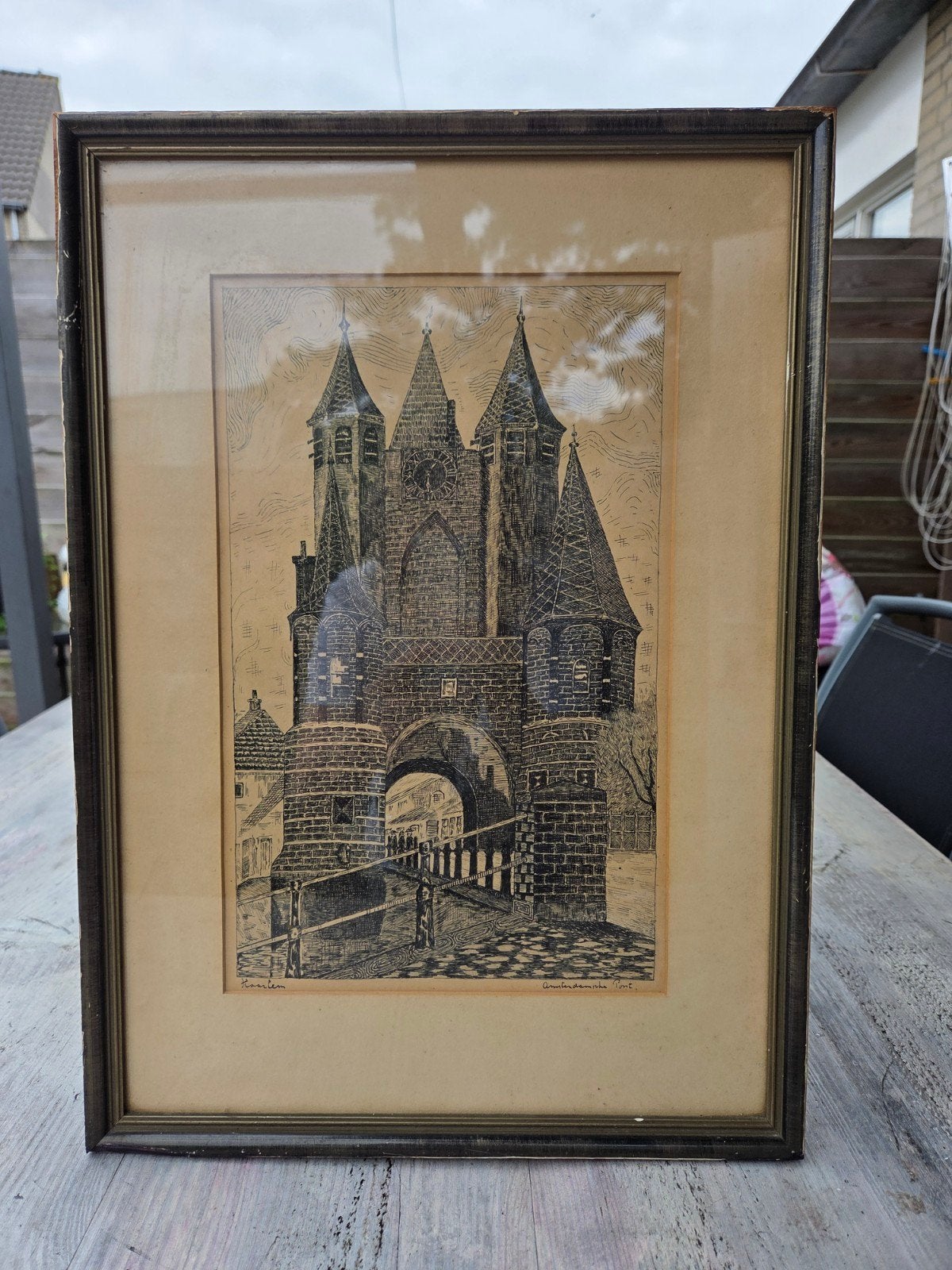 Oude poort Amsterdamse Poort, Haarlem - Ets, Ets, Stadsgezicht, Ophalen of Verzenden, Gesigneerd