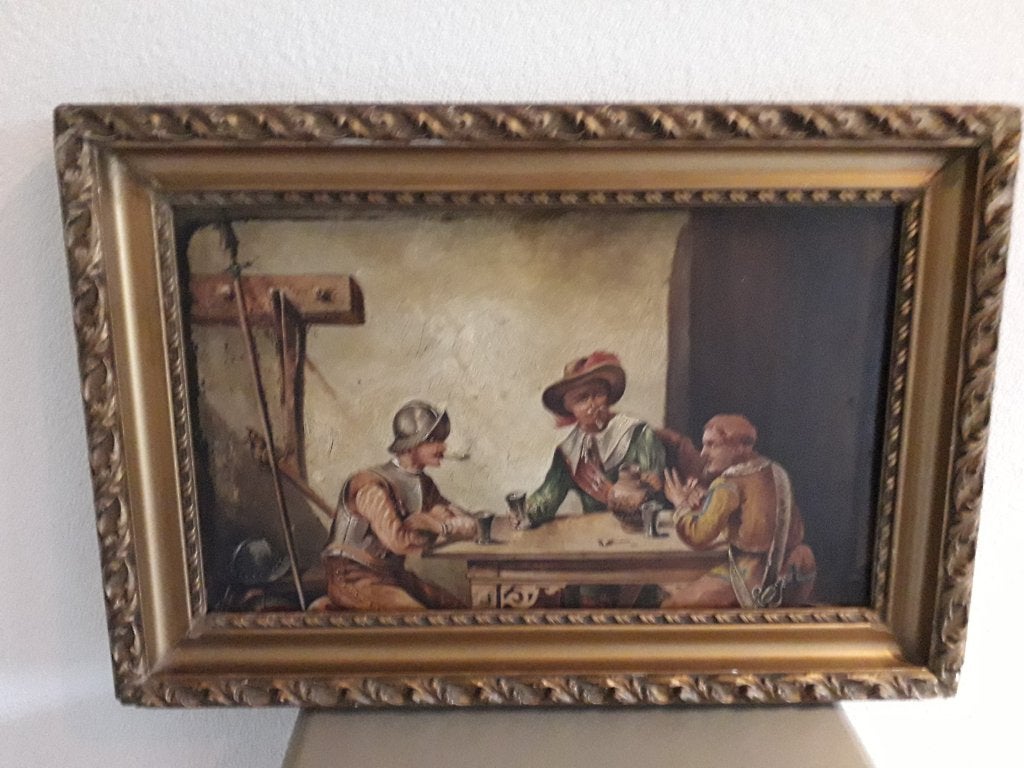 GENRE SCHILDERIJ van SOLDATEN/EDELMANNEN in PRACHTIGE LIJST, Antiek en Kunst, Ophalen of Verzenden