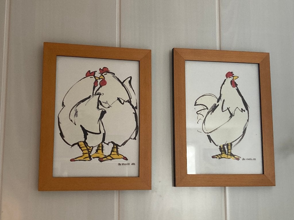 Twee zeefdrukken, Ellen Meuwese, kippen uit 2000, Antiek en Kunst, Zeefdruk, Gesigneerd, Ophalen of Verzenden, Dieren en Natuur